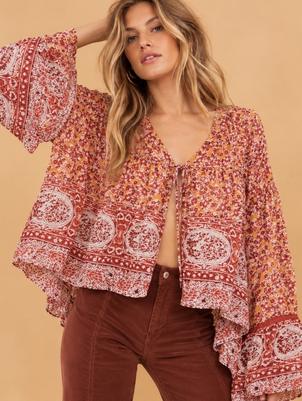 Free People Lorraine Tiered Kimono Top Mustard Combo Boho M